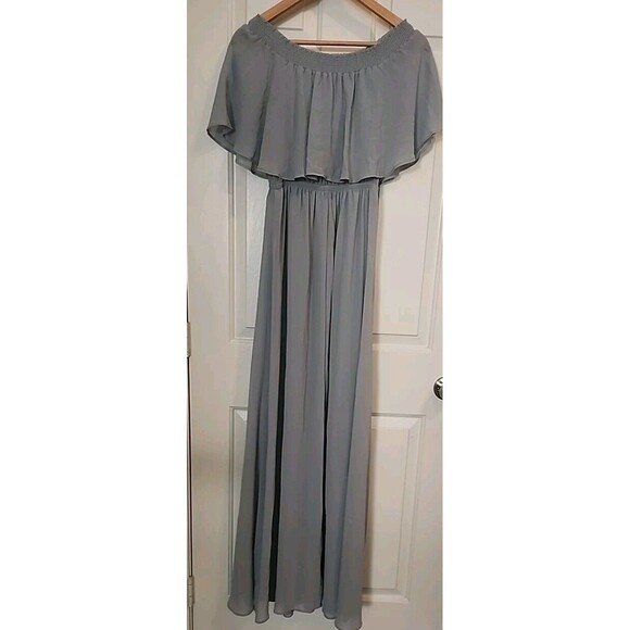 Show Me Your Mumu Maxi Dress Medium Blue Fluter Off Shoulder Lined Elastic Waist - Picture 7 of 7
